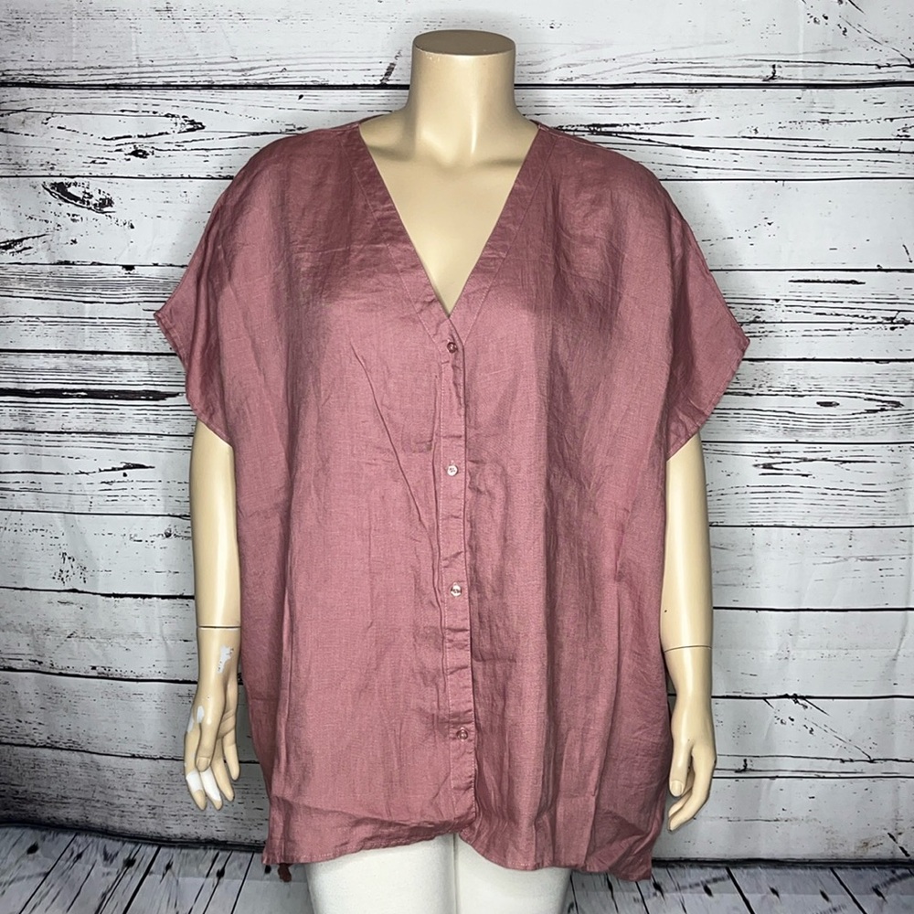 Ellos NWT Size 22/24 1X Pink Linen/Rayon Blend Boxy Button Down Shirt Top